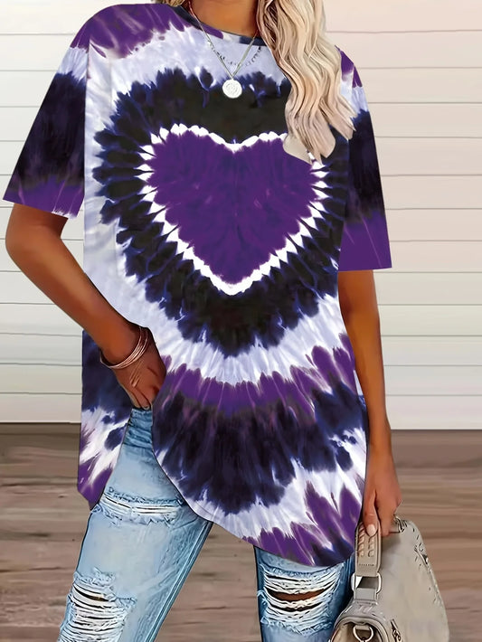plus size tie-dye heart-print T-shirt casual short-sleeved knitted top round neck, spring and summer series, large size shirt