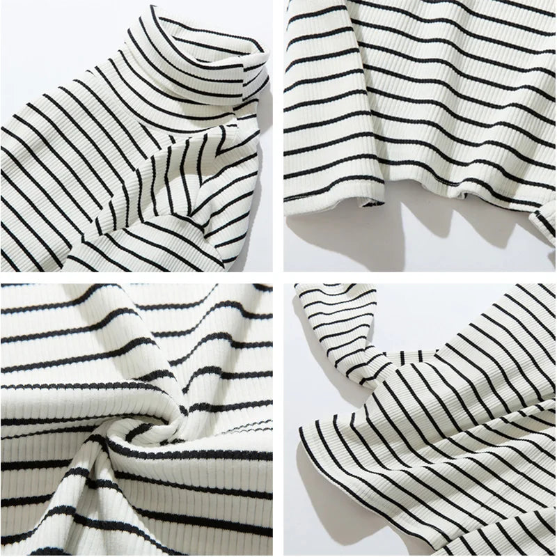 Spring Men's Retro Striped Turtleneck T-shirts Long Sleeve Loose Pullover T-shirt Base Tee Tops Man Clothing