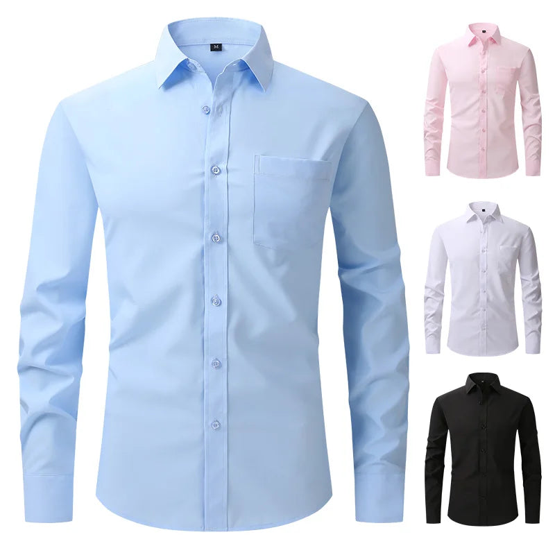 All Around Stretch Men's Shirt Business Casual Long-sleeved Shirt's Professional Formal Anti-wrinkle Solid Color Men's Clothing