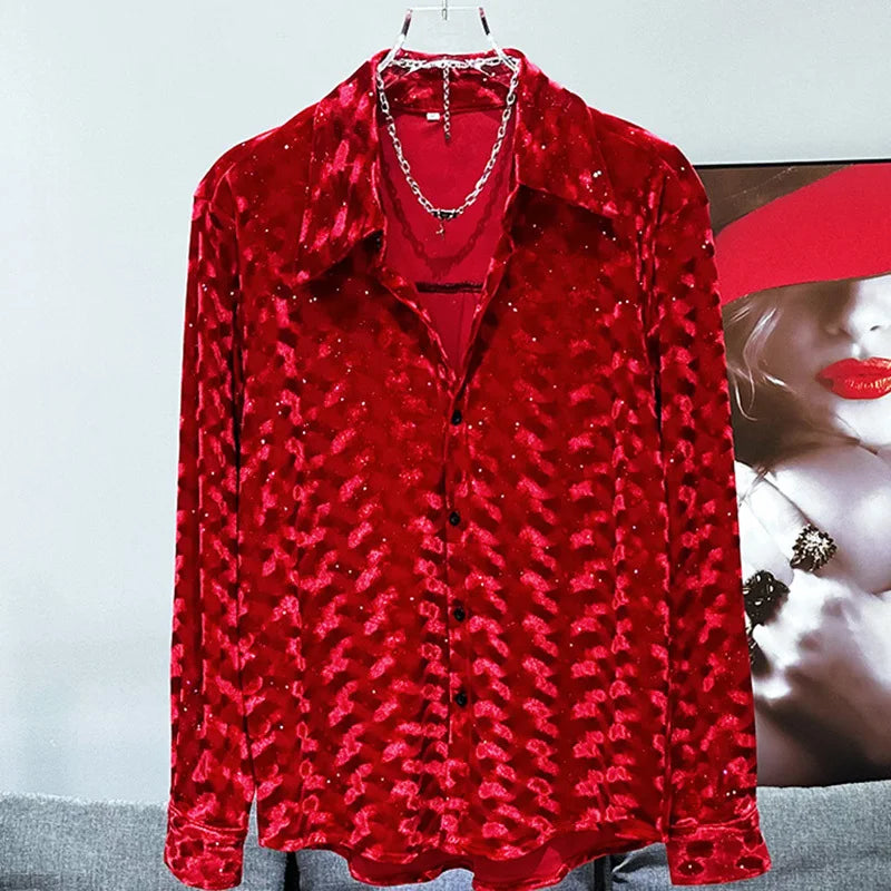 PFHQ Men's Shirt Autumn Winter New Fashion Velvet Design Trendy Versatile 2024 Solid Color Turn-down Collar Tops 21Z6683