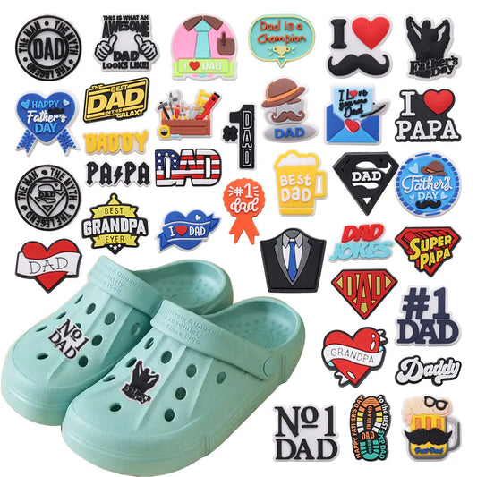 1-34PCS Cartoon Papa Happy Father's Day Best Dad Heart PVC Shoes Charms Accessories Buckle Clog Decorations DIY Bracelet