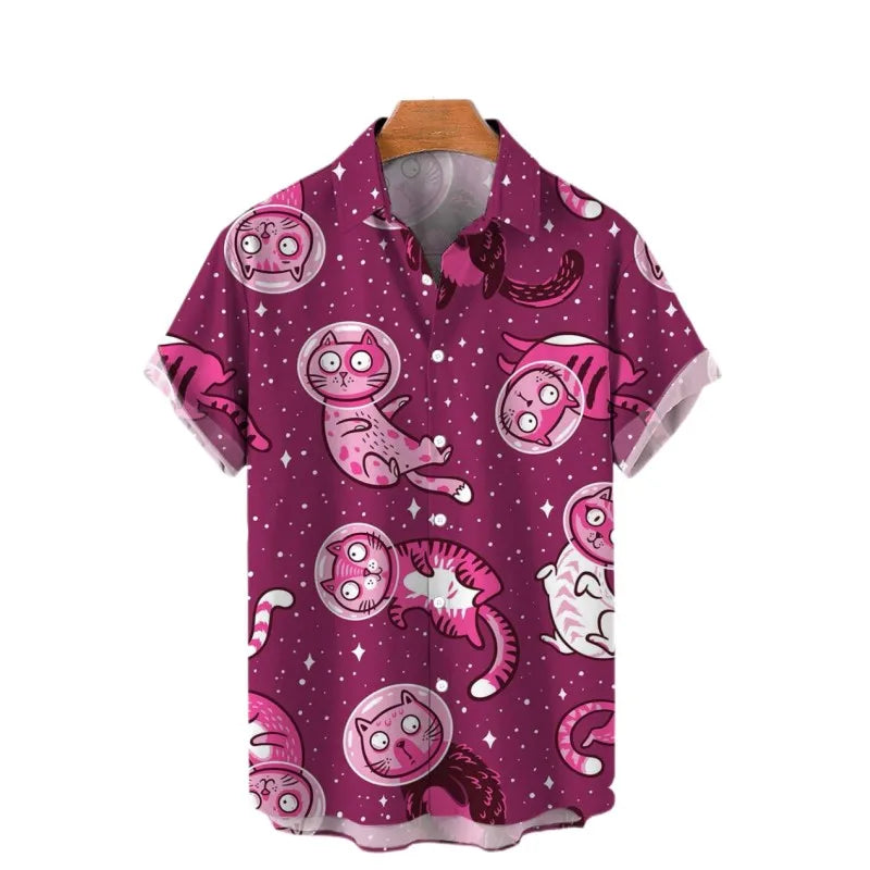 2023 Men's Hawaiian Shirt Cat Printed Short Sleeve Tops Beach Vacation Sunset Harajuku Clothing Casual Unisex Style Shirts