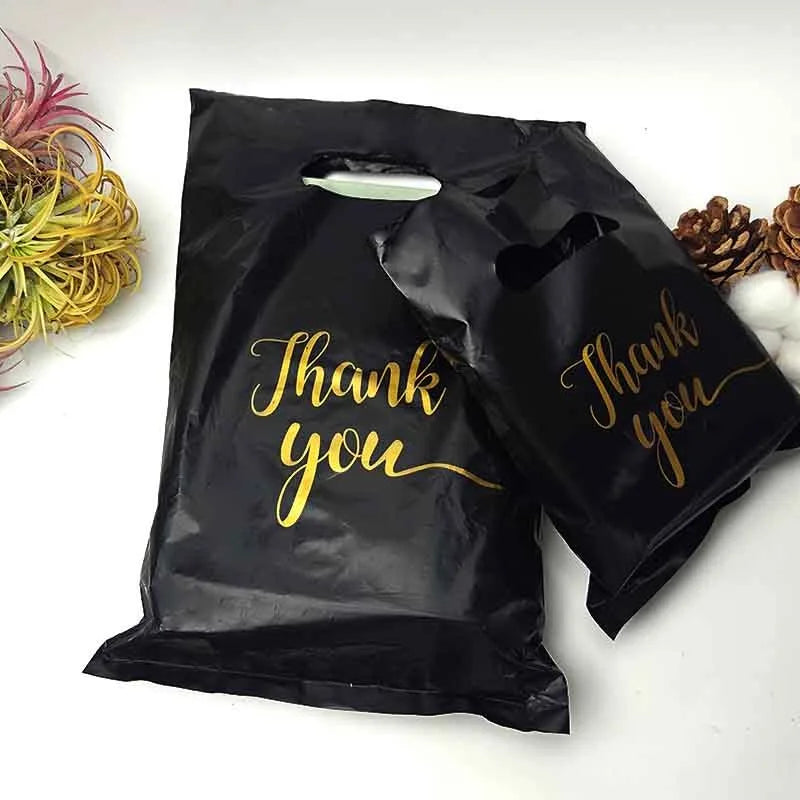 10/20/50/100PCS Black Gift Handbag Thank You Gold Print Party Anniversary Christmas Mother's Day Father's Day Shopping Gift Bag