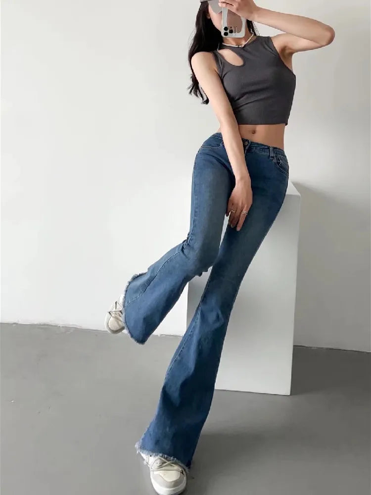 2022 Spring Autumn Sexy Low Waist Floor Length Burr Cuff Flare Jeans Women Vintage Stretch Denim Pants Streetwear Long Trousers