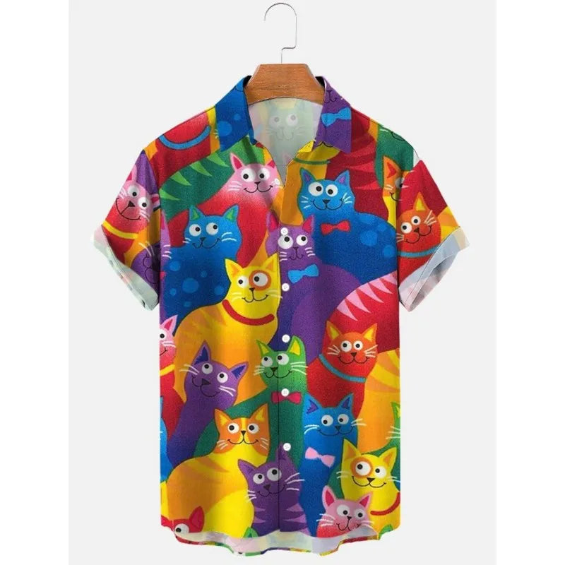 2023 Men's Hawaiian Shirt Cat Printed Short Sleeve Tops Beach Vacation Sunset Harajuku Clothing Casual Unisex Style Shirts