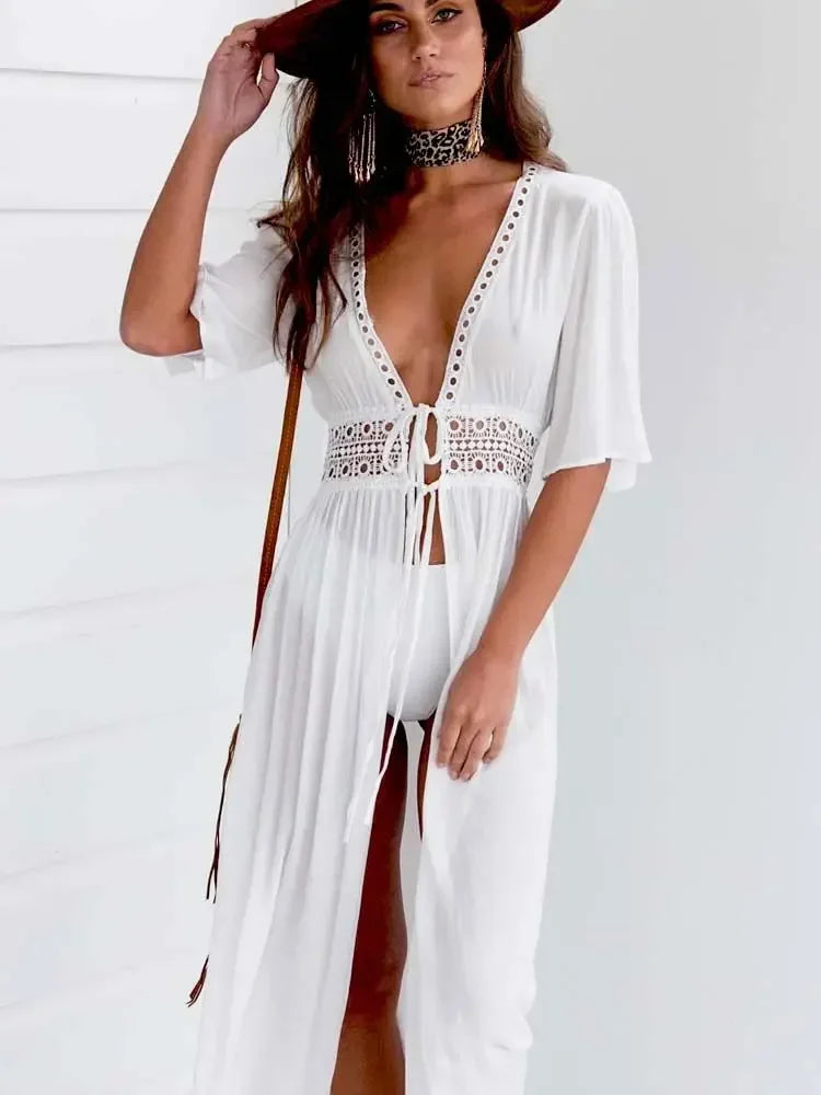 2025 Summer Bikini Cover-ups Women Bohemian Beach Long Dress Short Sleeve Lace Hollow Out Cardigan Swimwear Cover Ups Beachwear