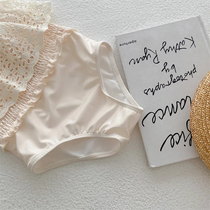 deer jonmi 2025 Summer Korean Style Baby Girls Swimsuits Lace Hollow Out Toddlers Kids Beach Vacation Bikini Children Swimwear