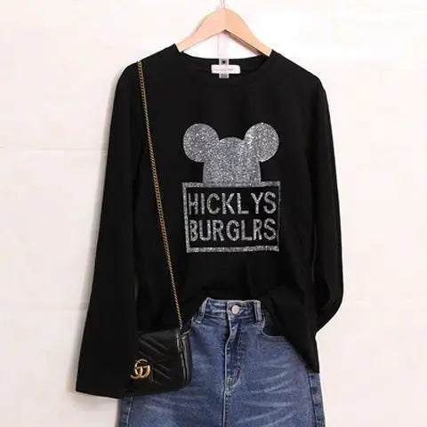 Glitter T Shirts for Women Korean Fashion Sequin Clothing Black Clothes Aesthetic Woman T-shirt  Rhinestone Streetwear Top Loose