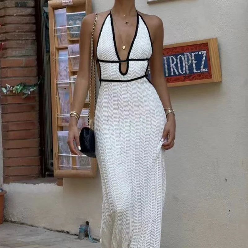 Women's Sexy See-Through Backless Tie Up Long Dress Summer Beach Holiday Swimsuit Cover Up Ladies Knitted Tunic Slip Dress