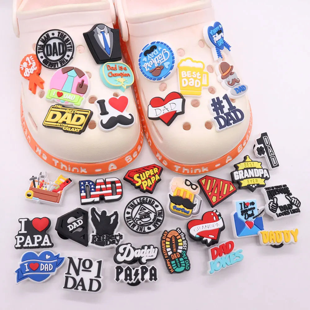 1-34PCS Cartoon Papa Happy Father's Day Best Dad Heart PVC Shoes Charms Accessories Buckle Clog Decorations DIY Bracelet