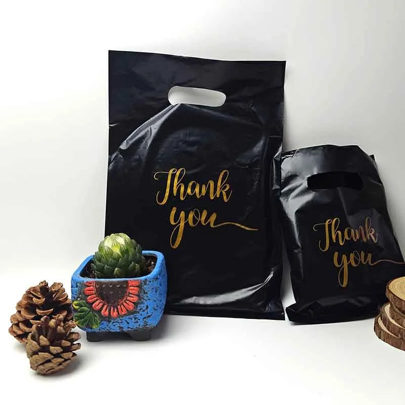 10/20/50/100PCS Black Gift Handbag Thank You Gold Print Party Anniversary Christmas Mother's Day Father's Day Shopping Gift Bag