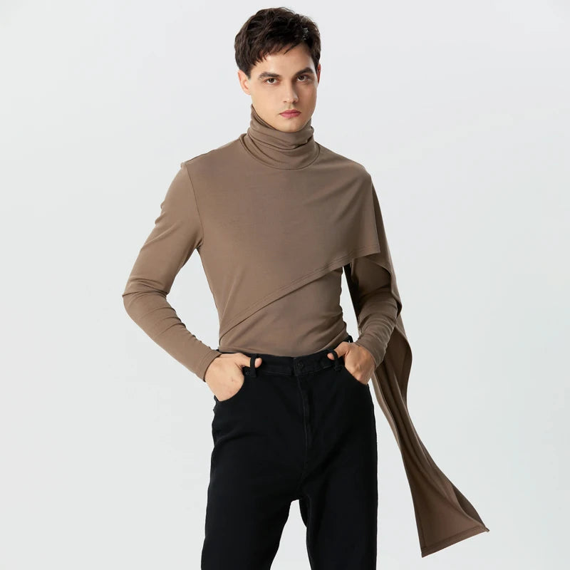 INCERUN Men Irregular Pullovers Solid Color Turtleneck Long Sleeve Knitted Casual Sweaters Streetwear Autumn 2023 Men Clothing