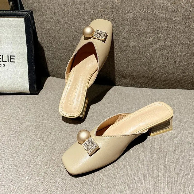 Slides Mules Summer Outside Shoes For Women 2024 Low Heel Woman Slippers Off White Sandals Leather Natural Skin Luxury B Sale W