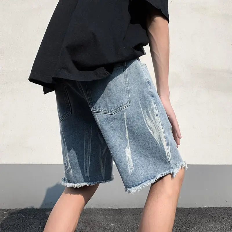 Tie-dye Furnished Denim Shorts Men's Ripped High Street Design Over-the-knee Five-point Pants