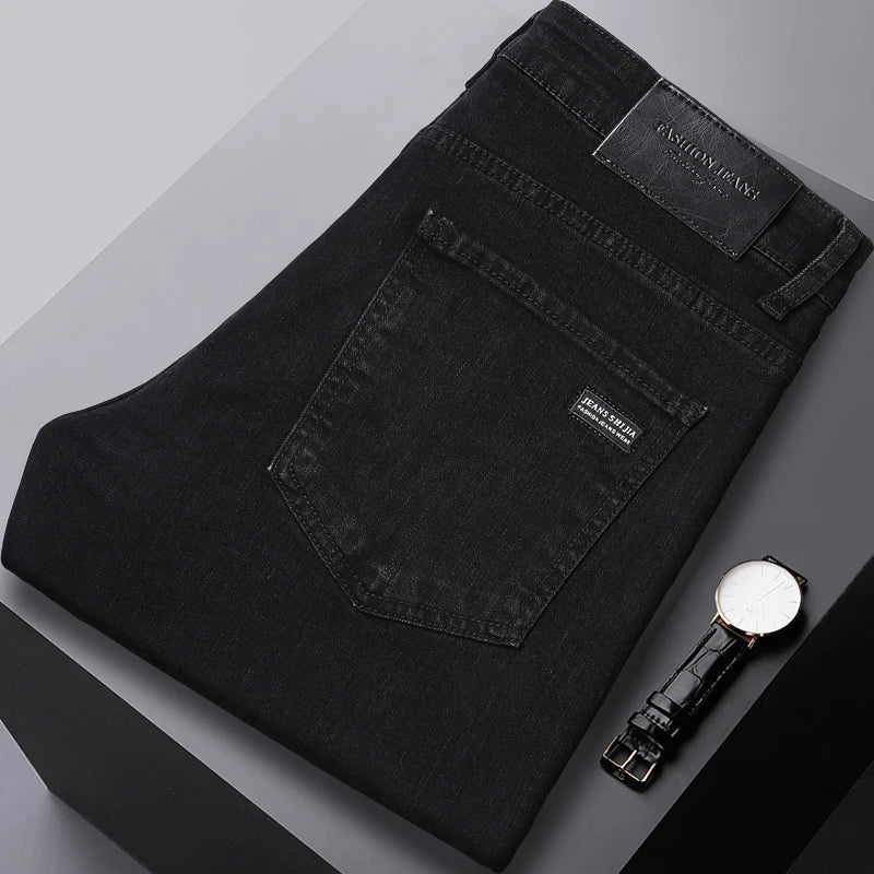 Men's Pure Black Jeans Version Trendy Straight Fit Pants Men's Comfortable  Elastic Classic Business Jeans brand Denim Trousers