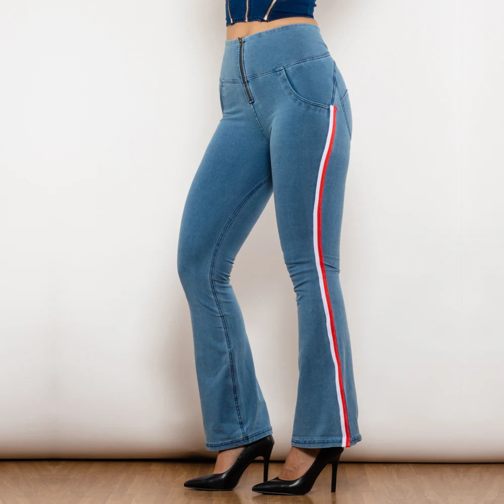 Shascullfites Gym And Shaping Women High Waist Light Blue Flare Lift Jeggings with Stripe Wide Leg Jeans