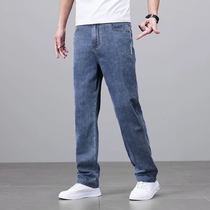 Ultra-thin Baggy Jeans Men's 2024 New Lyocell Soft Fabric Brand Casual Straight Stretch Vintage Denim Trousers Male