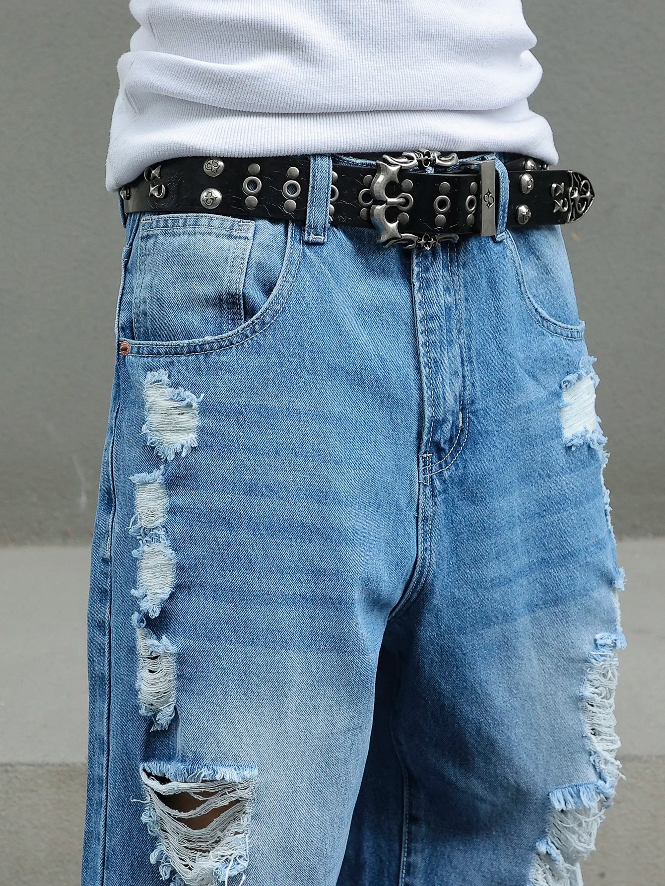 Men's Ripped Baggy Jeans Loose Fit Distressed Denim Pants Light Wash Y2K Streetwear Wide Leg Style