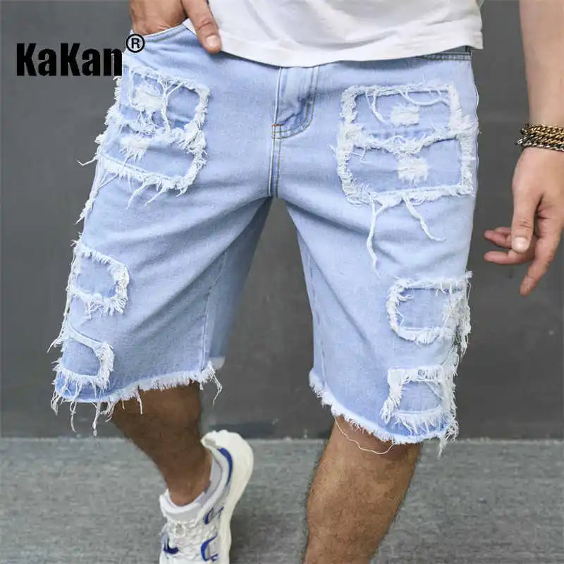 Kakan - New European and American Distressed Tassel Jeans for Men, Blue Casual Shorts and Capris K9-519