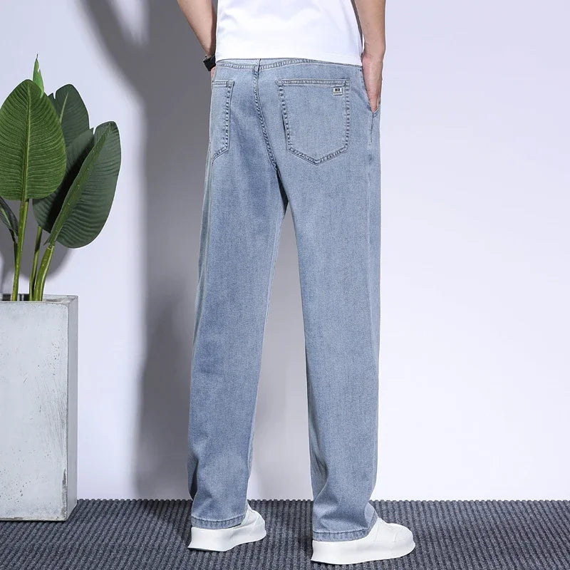 Soft Men's Lyocell Baggy Jeans Thin Summer Breathable Straight Pants Vintage Business Casual Fashion Korea Male Denim Trousers