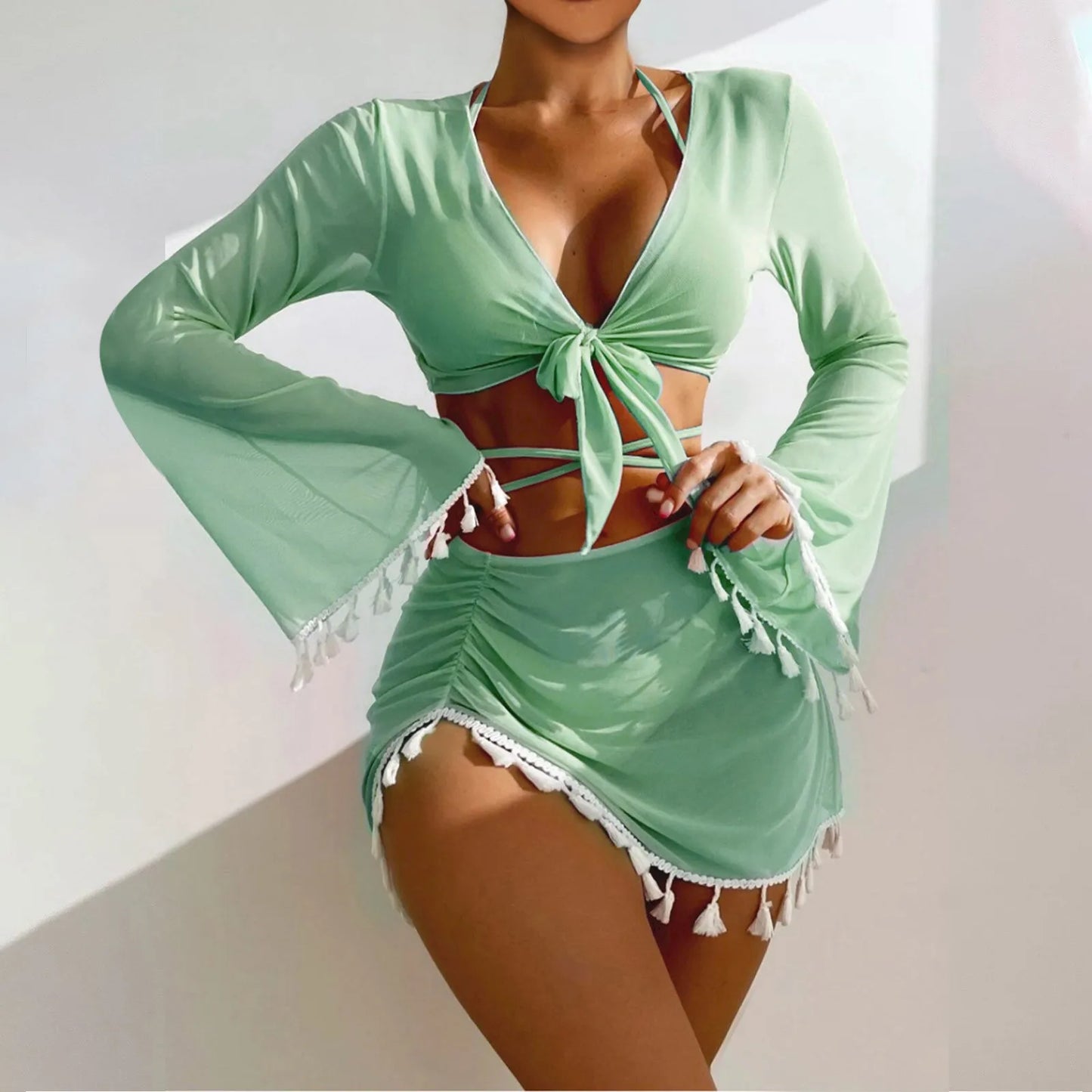Solid Color Sexy Fashion Slim Fitting Beach Swimwear For Lady Split Lightweight Strap High Waist Pleated Cover-up Four-Piece Set