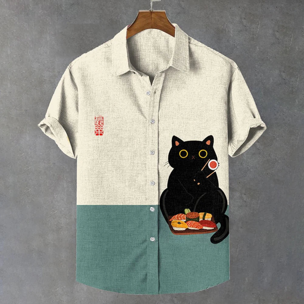 Summer Men's Shirt Animal Pattern Print Cat Shirts Casual Short Sleeve Streetwear Fashion Male Oversized Clothing Cardigan Top