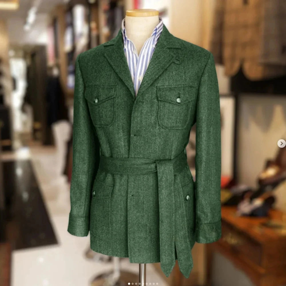 Only jacket 1 PCS Men Coat With Belt Vintage Tweed Hunting Casual Hunting Casual Men's Blazer Single Breasted Stylish