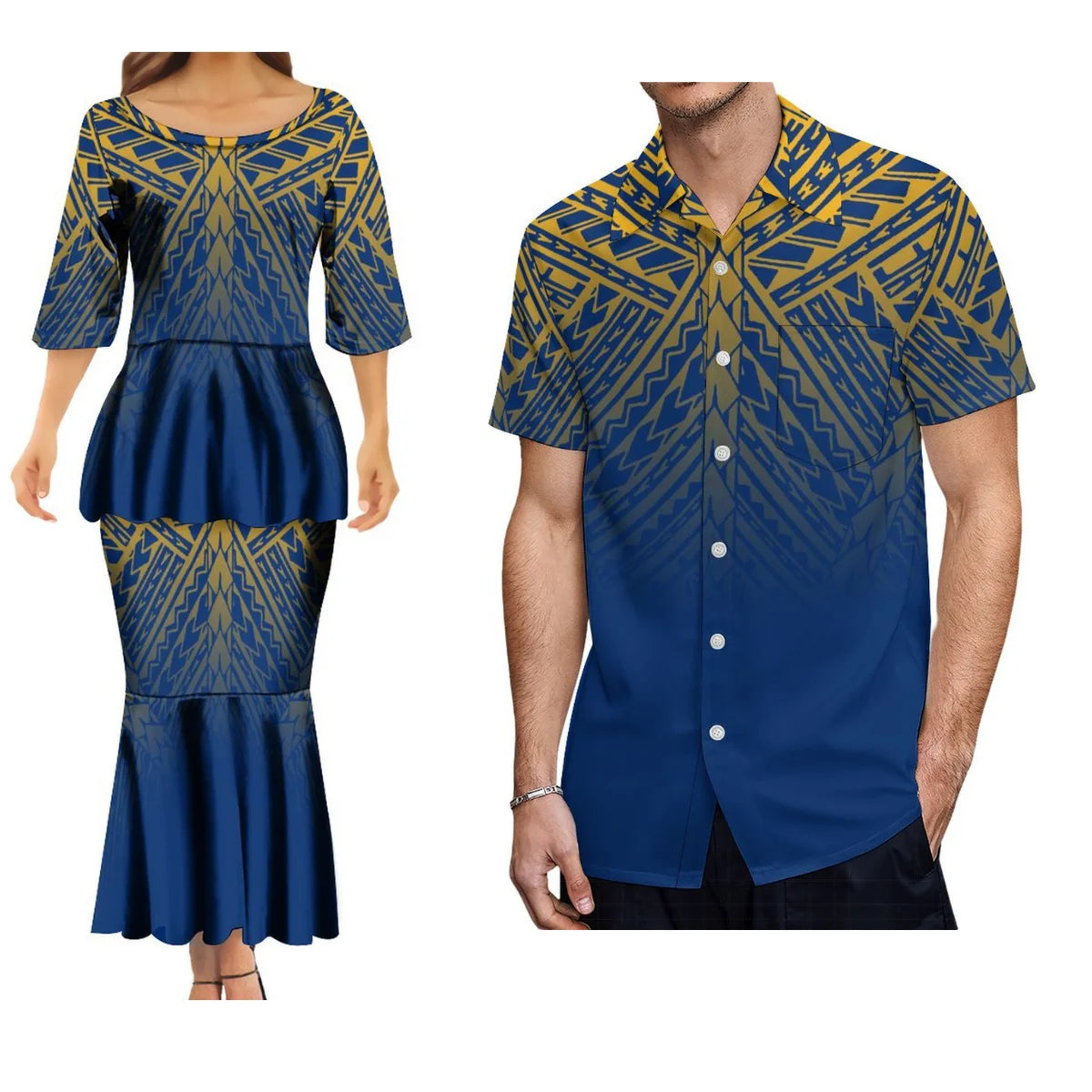 Polynesian Tribes Print Family Matching Clothing Couple Clothing Samoan Dress Puletasi Suit And Plus-Size Men'S Shirt