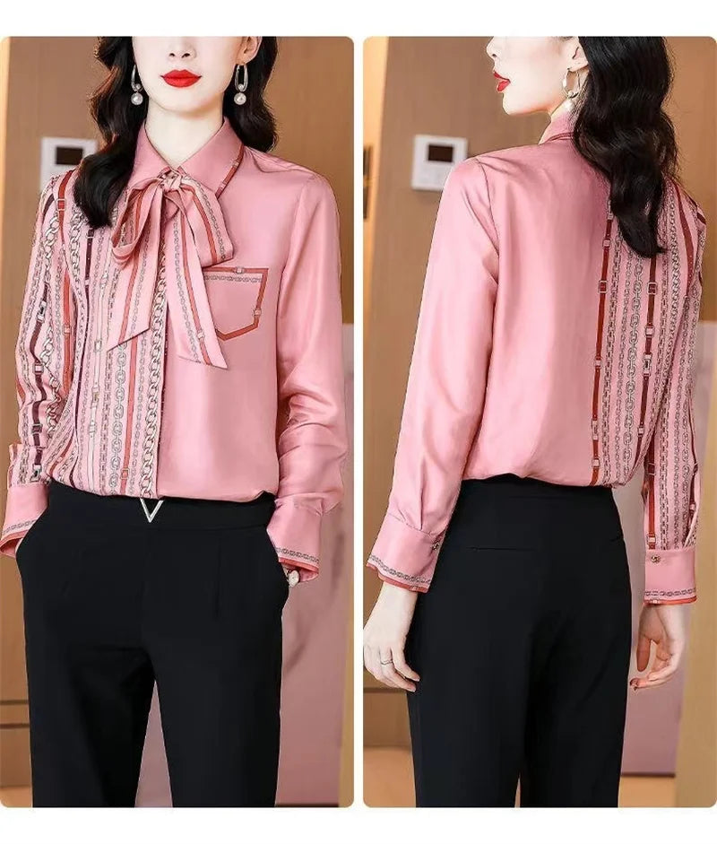 FANIECES Bow Tie Neck Blouse For Women Spring Autumn Long Sleeve Tops Pink Luxury Print Shirt Elegant Fashion Blusa Mujer Moda
