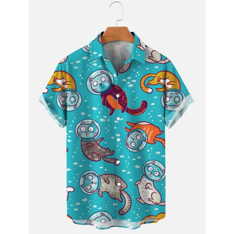 2023 Men's Hawaiian Shirt Cat Printed Short Sleeve Tops Beach Vacation Sunset Harajuku Clothing Casual Unisex Style Shirts