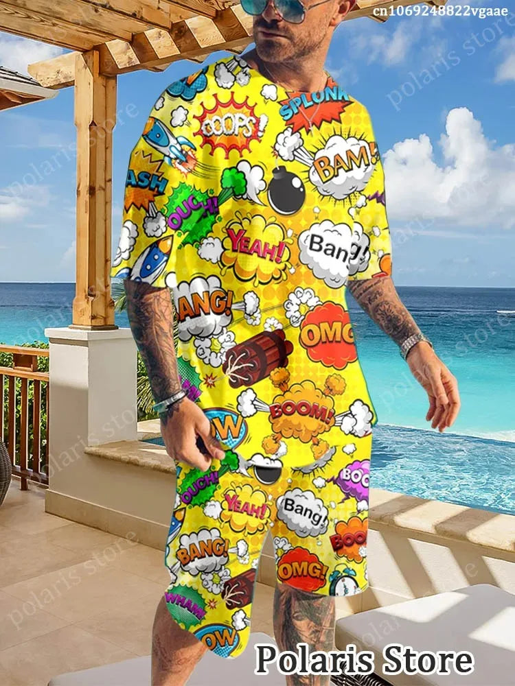 Summer Graffiti Sportswear Men's Fun T-shirt Set Manga Illustrations Loose Clothing Hip Hop Sportswear Two Piece Set Uniform Lig