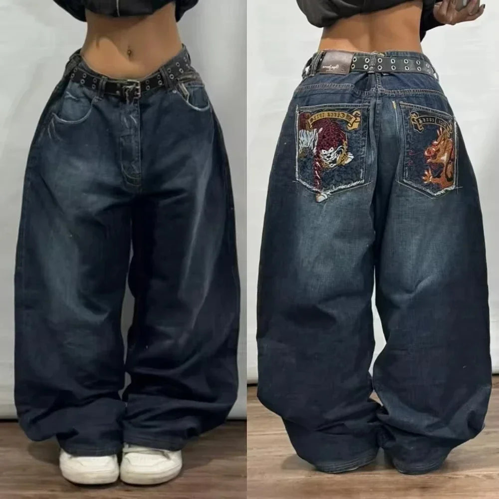 American Street Trend Letter Embroidered Loose Jeans Men Harajuku Y2K New Hip Hop Oversized Wide-leg Pants Unisex Mopping Jeans