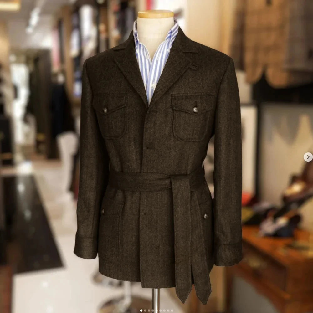 Only jacket 1 PCS Men Coat With Belt Vintage Tweed Hunting Casual Hunting Casual Men's Blazer Single Breasted Stylish