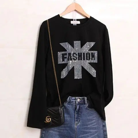 Glitter T Shirts for Women Korean Fashion Sequin Clothing Black Clothes Aesthetic Woman T-shirt  Rhinestone Streetwear Top Loose