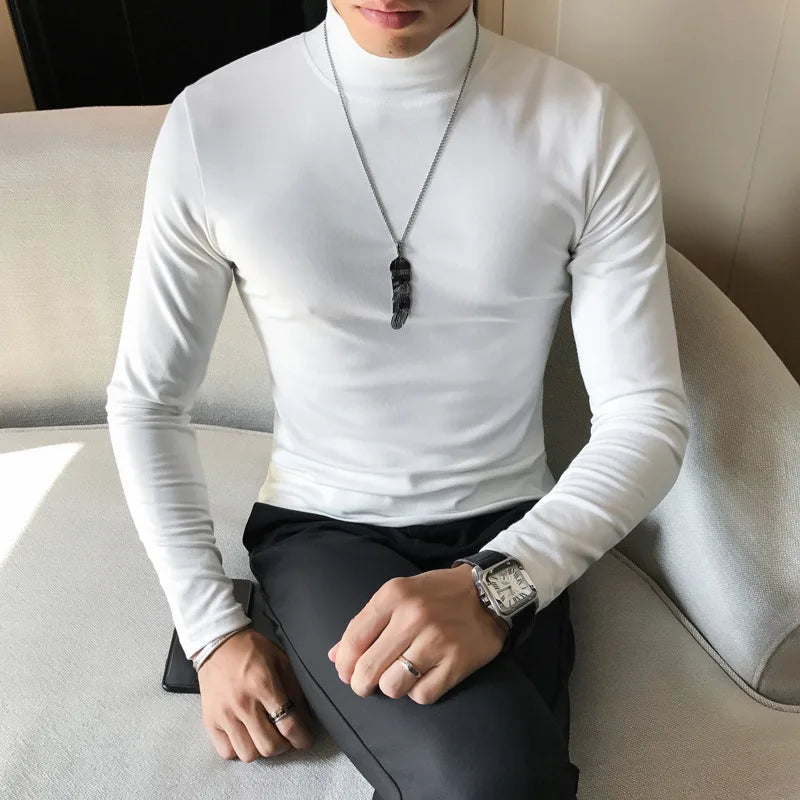 Spring New Men's Turtleneck T-shirt Long Sleeve Slim Fit Solid Color High Elastic Bottoming Pullovers Basic Style Male Tops