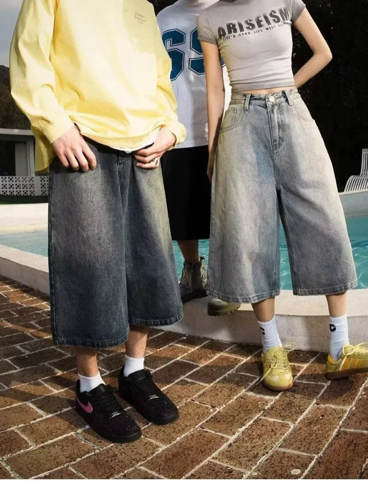 Wide-leg Seven-point Denim Shorts Men's 2025 Summer New High-end Fashion Brand Straight Casual Pants Man Jeans Y2k Clothes Baggy