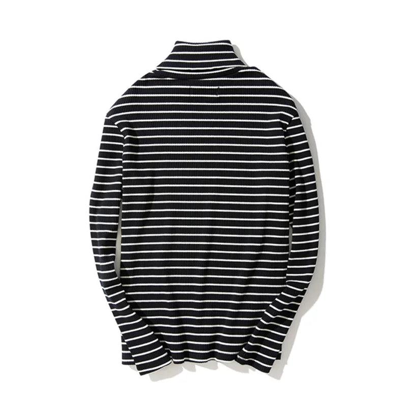 Spring Men's Retro Striped Turtleneck T-shirts Long Sleeve Loose Pullover T-shirt Base Tee Tops Man Clothing