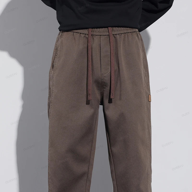 All Seasons Soft Lyocell Fabric Men's Pants Loose Straight Drawstring Elastic Waist Korea Casual Trousers Plus Size M-4XL