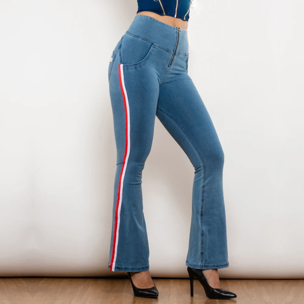 Shascullfites Gym And Shaping Women High Waist Light Blue Flare Lift Jeggings with Stripe Wide Leg Jeans
