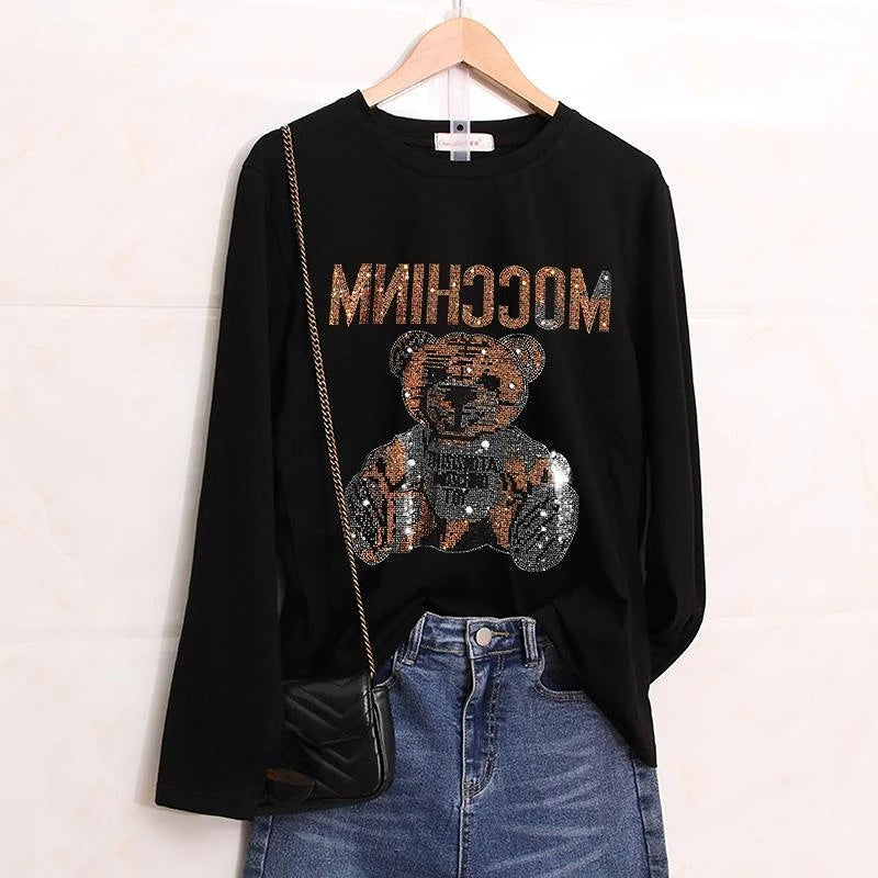 Glitter T Shirts for Women Korean Fashion Sequin Clothing Black Clothes Aesthetic Woman T-shirt  Rhinestone Streetwear Top Loose