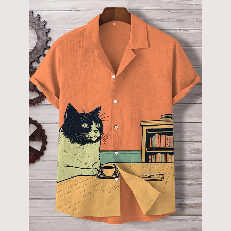 Summer Men's Shirt Animal Pattern Print Cat Shirts Casual Short Sleeve Streetwear Fashion Male Oversized Clothing Cardigan Top