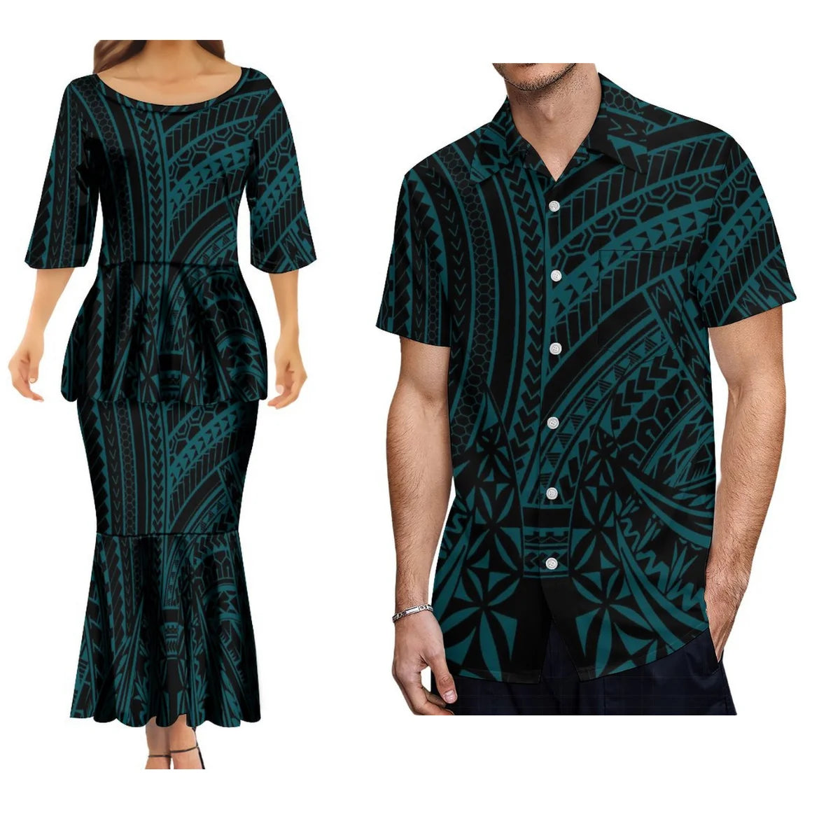 Polynesian Tribes Print Family Matching Clothing Couple Clothing Samoan Dress Puletasi Suit And Plus-Size Men'S Shirt
