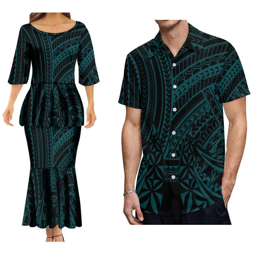 Polynesian Tribes Print Family Matching Clothing Couple Clothing Samoan Dress Puletasi Suit And Plus-Size Men'S Shirt