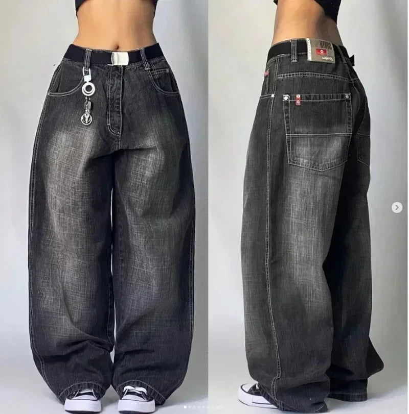 New American Retro Southpole Men Jeans Skull Print Loose Jeans Couple Harajuku Gothic Hip-Hop Straight Wide-Leg Pants