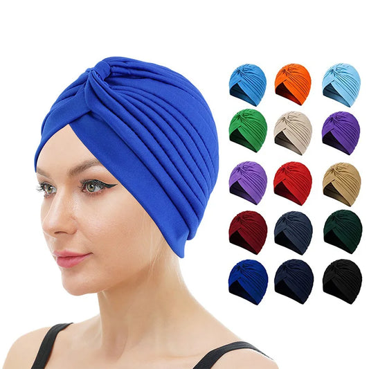 Twist Turban Caps Women Knot Muslim Hijab Shiny Indian Hat Sleep Night Cap Casual Solid Color Headscarf Stretch Head Wrap