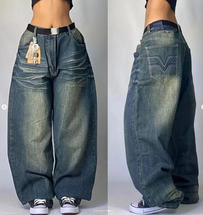 American Y2K New Hip Hop Gothic Embroidered Straight Jeans Men Street Casual Loose Oversized Mopping Wide-leg Pants Couple Jeans