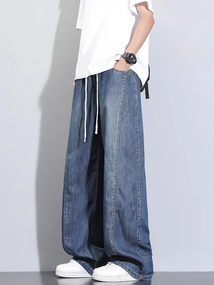Summer Lyocell Jeans Men Korean Fashion Wide Leg Straight Denim Pants Light and Thin Cool Baggy Jeans Trousers