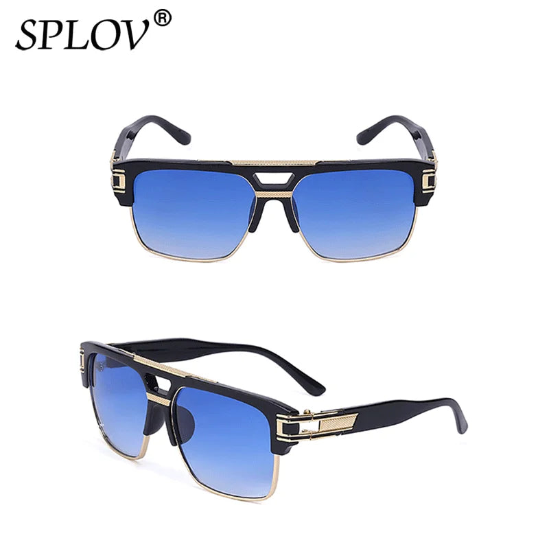 Trendy Luxury Men Sunglasses Square Large Frame Mirror Gradient Clear Lens Metal Shades Anti Blue Light Oculos De Sol UV400