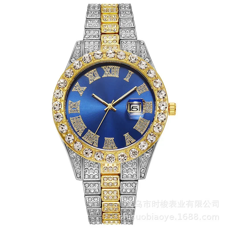 Hip Hop Watch for Men Iced Out Bling Full Diamond Luxury Quartz Watch Analog Roman Calendar Watch for Men Women