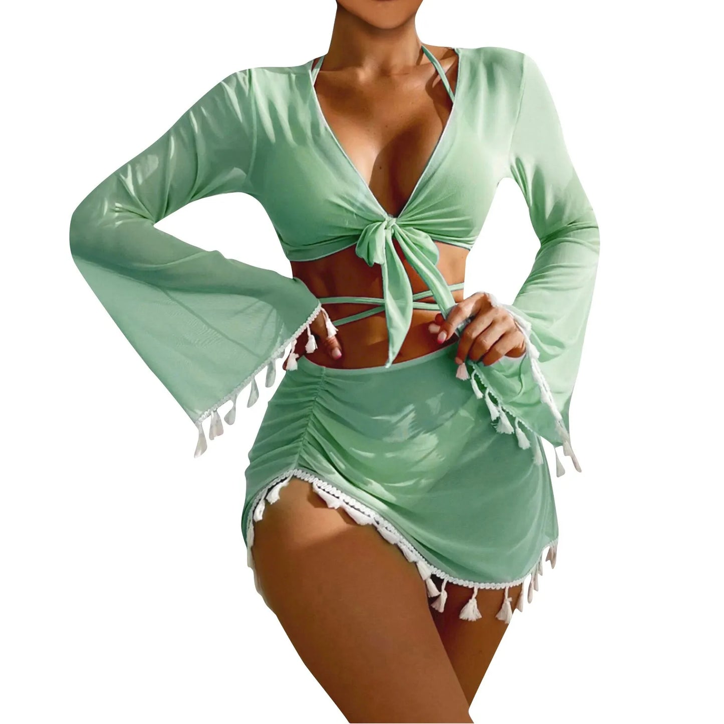 Solid Color Sexy Fashion Slim Fitting Beach Swimwear For Lady Split Lightweight Strap High Waist Pleated Cover-up Four-Piece Set